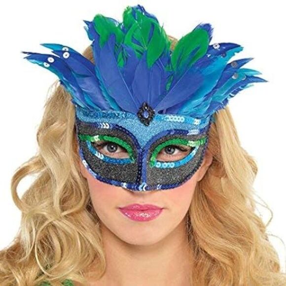 Amscan Women's Halloween Cosplay Mystique Blue/Green Feathe pear Venice Eye Mask - Picture 1 of 4